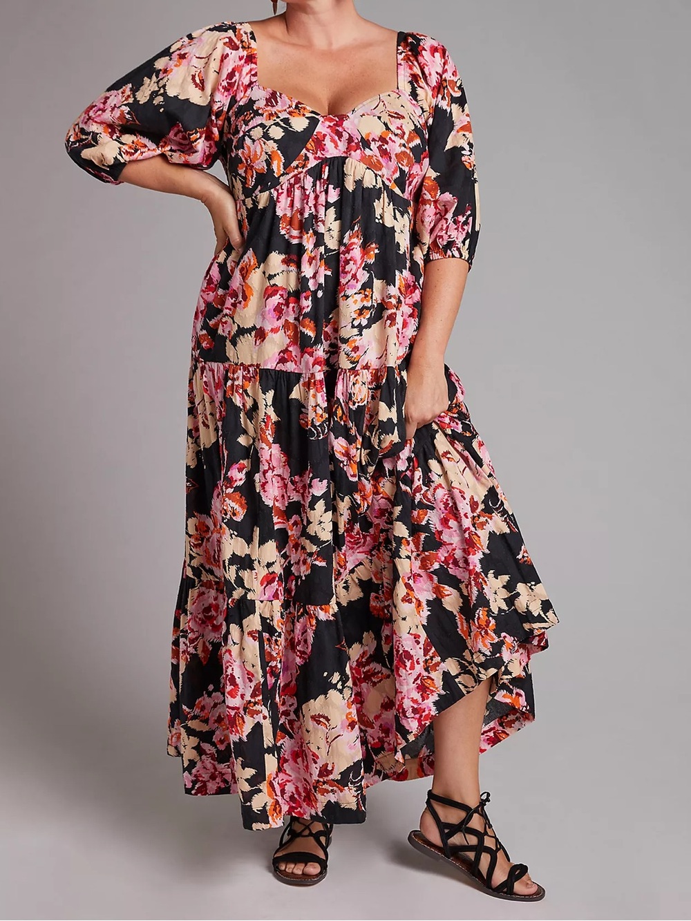 Anthropologie Blossom Floral Puffed Sleeve Tiered Boho Cottagecore Maxi Dress M